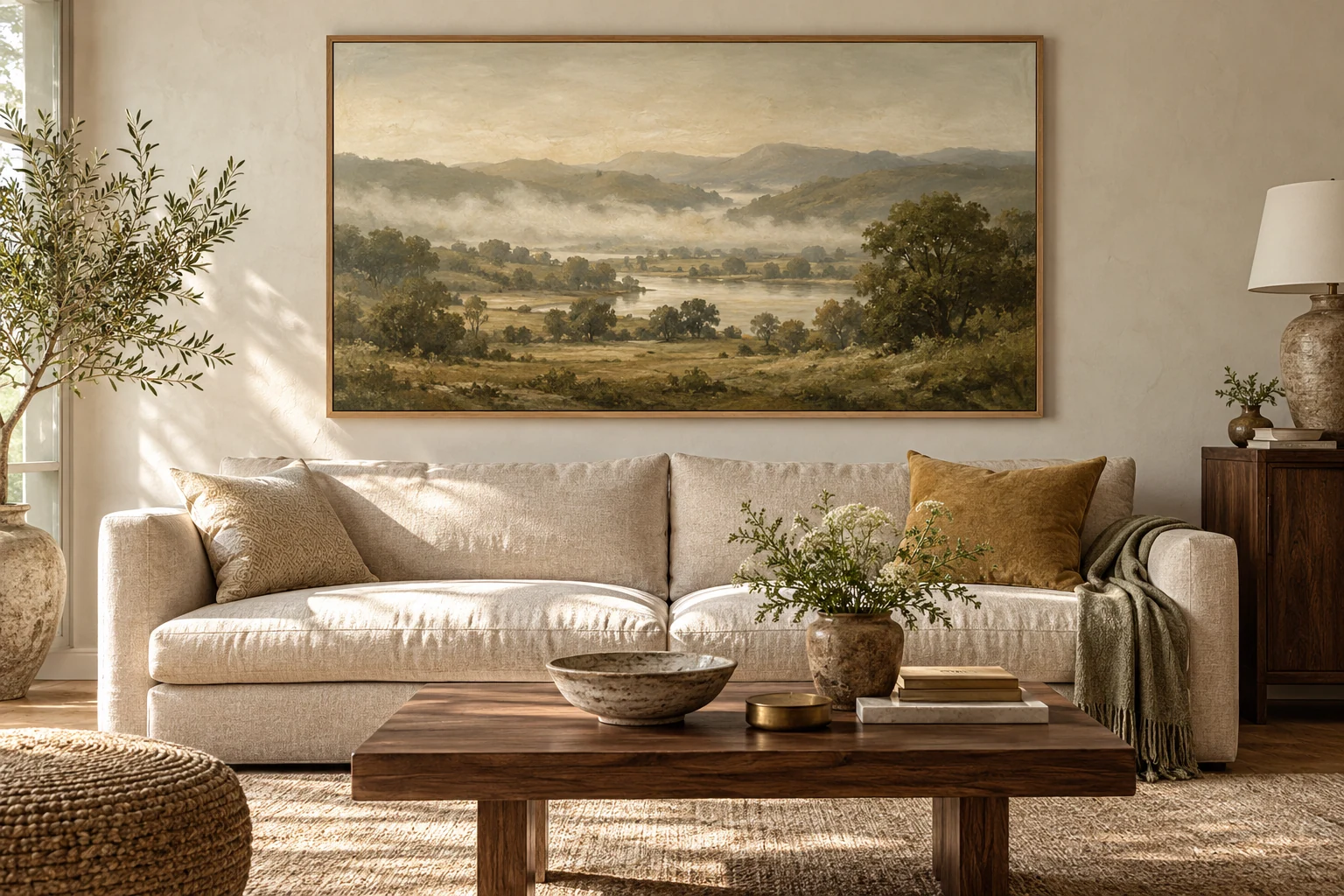 A serene living room with a framed landscape above a linen sofa