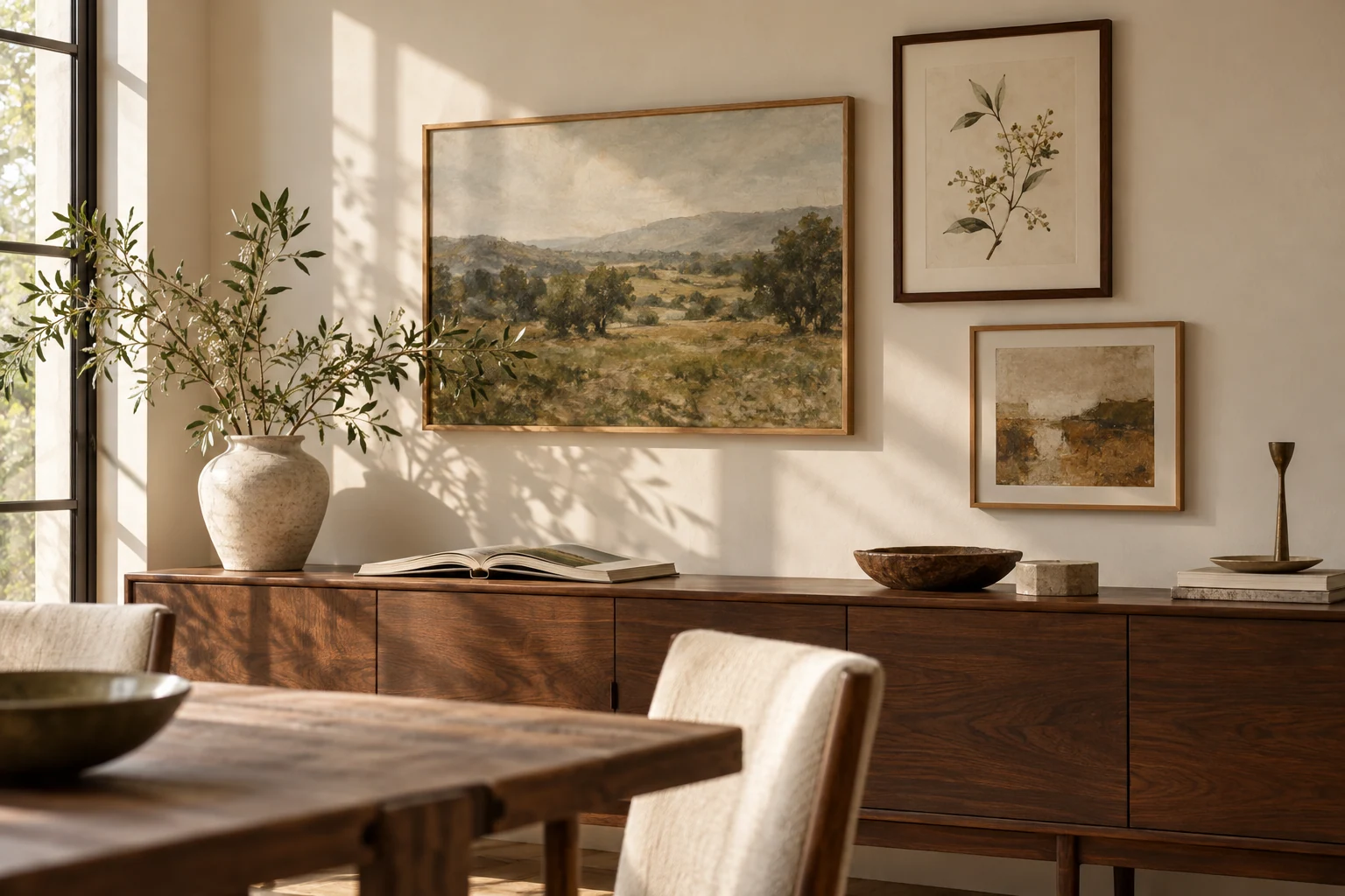 A thoughtfully arranged gallery wall above a walnut console